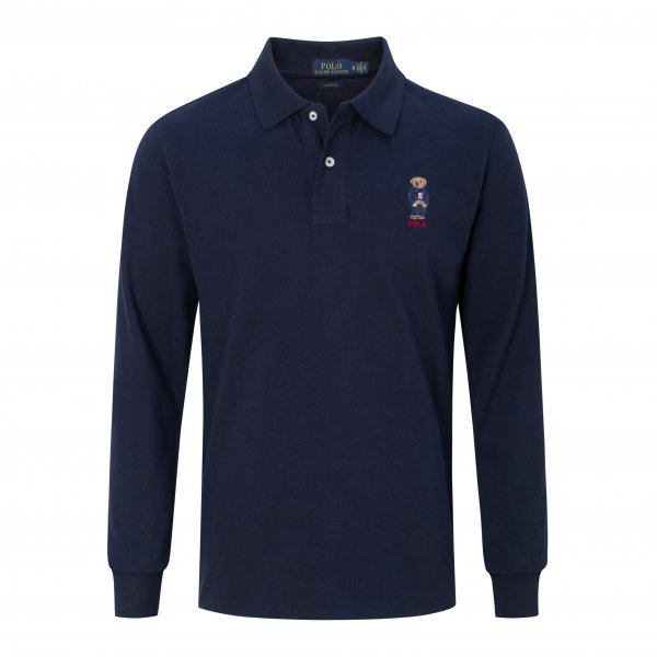 Long-sleeved bear-patterned polo shirt