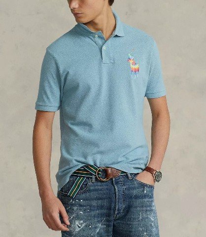 Polo Ralph Lauren Men Classic Fit Rainbow Big Pony Mesh Polo Shirt Aqua Blue